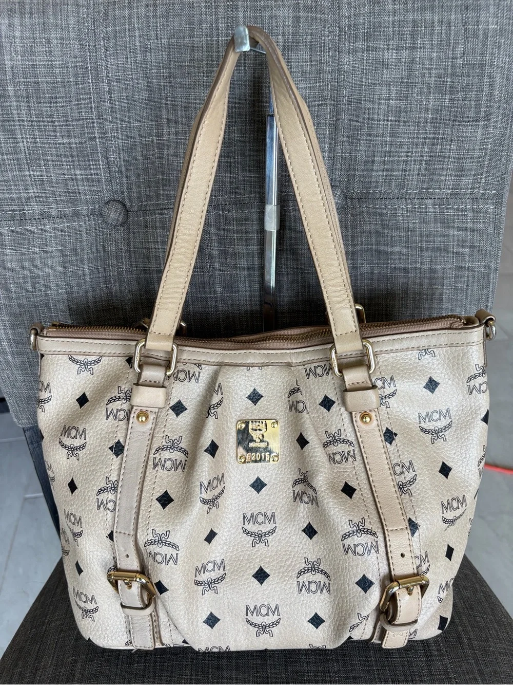MCM Beige Logo Tote Bag - Classic Printed Leather